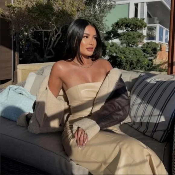 Zara Faux Leather Strapless Midi Dress Beige Blogger Fav Size Small - Picture 8 of 15